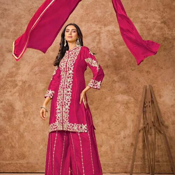 Pink Chinnon Silk Festive Embroidered Palazzo Style Suit - Picture 2 of 4